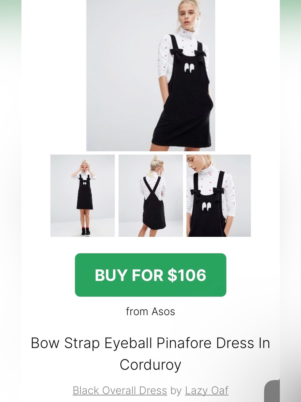 Black Pinafore Eyes  black corduroy Lazy Oaf overall Dress